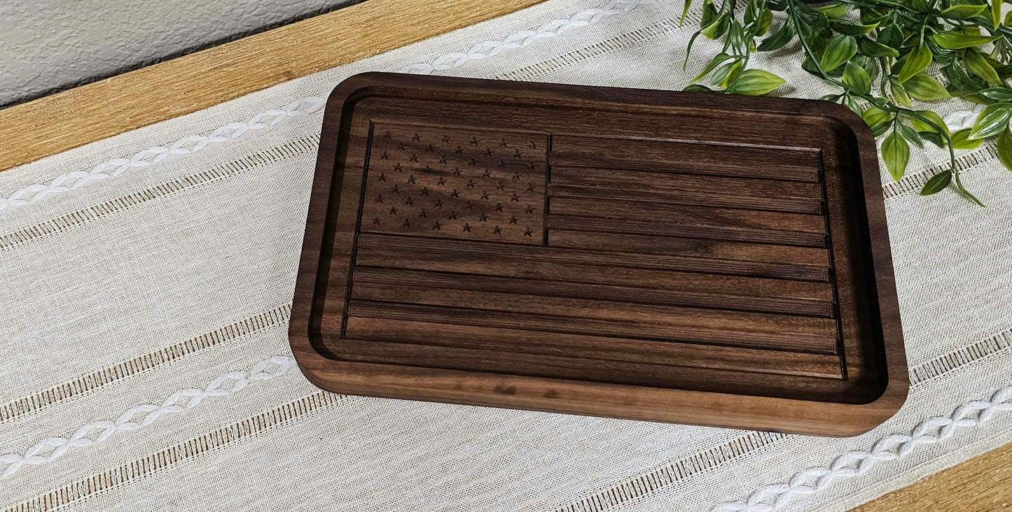 Engraved American Flag made with Walnut Wood Catch All Tray | Desk Organizer