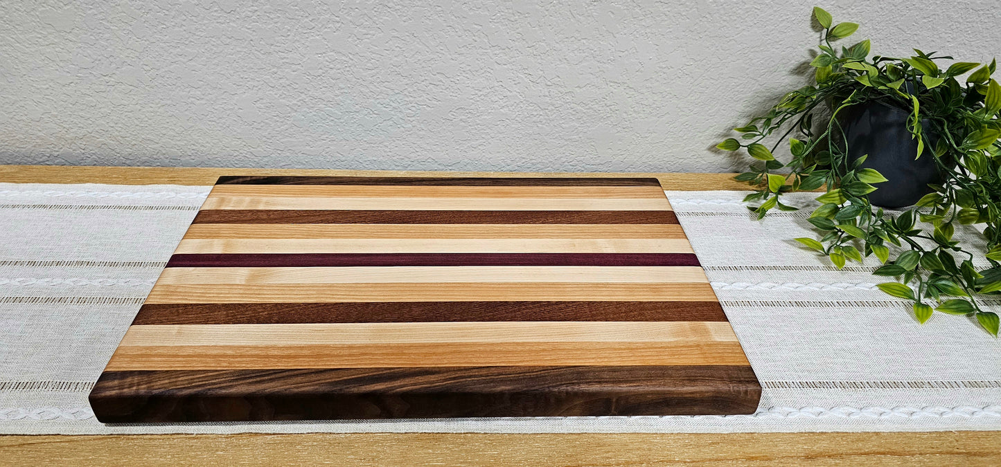 Large Exotic Cutting Board with Multiple Woods | Walnut, Maple, Cherry, African Sapele, and Purpleheart