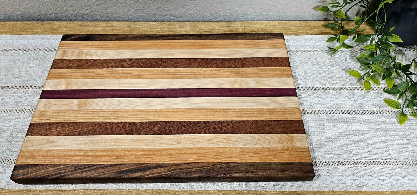 Large Exotic Cutting Board with Multiple Woods | Walnut, Maple, Cherry, African Sapele, and Purpleheart