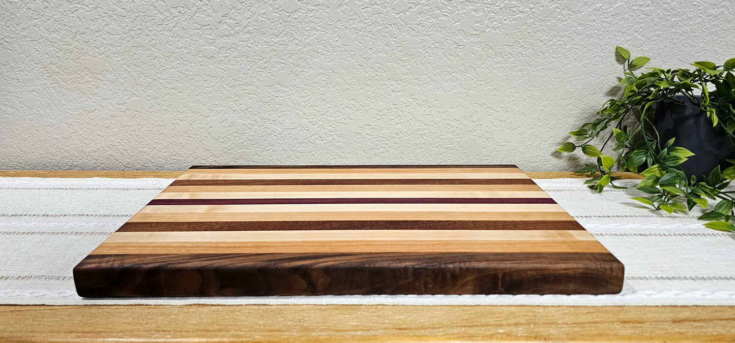 Large Exotic Cutting Board with Multiple Woods | Walnut, Maple, Cherry, African Sapele, and Purpleheart