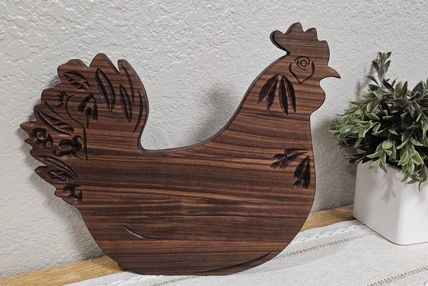 Rooster Shaped Cutting Board with Decorative Engravings