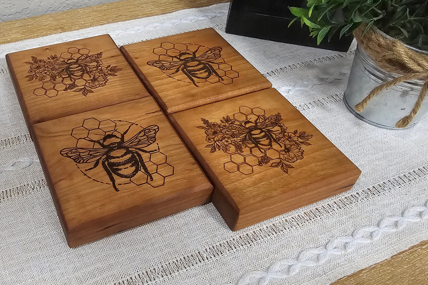 Hardwood Cherry Coasters with Bee & Honeycomb Laser Engravings