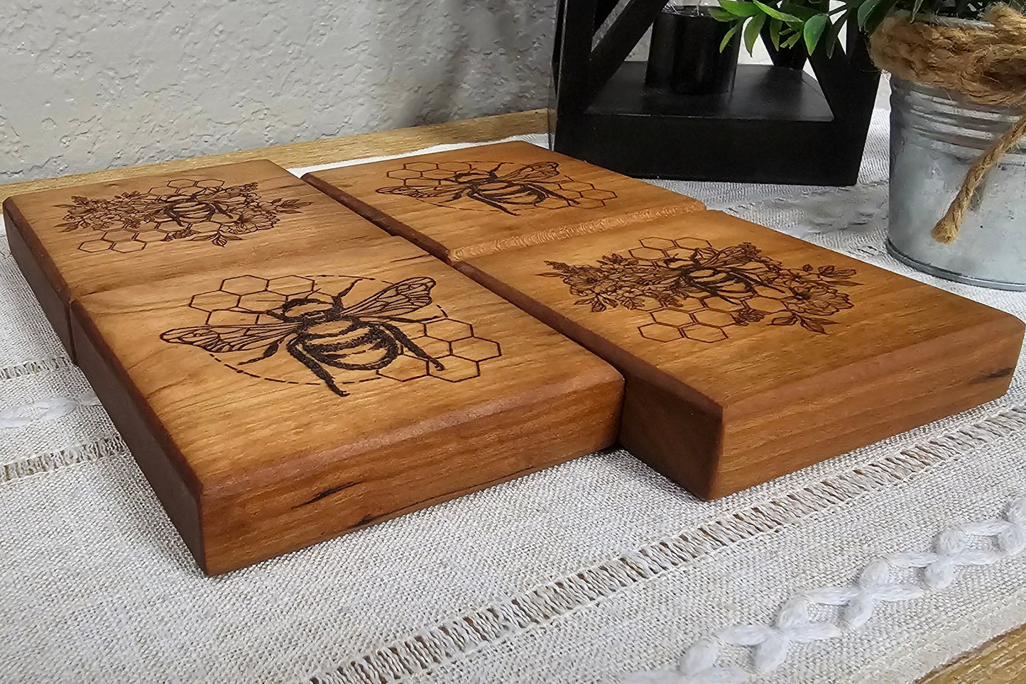 Hardwood Cherry Coasters with Bee & Honeycomb Laser Engravings