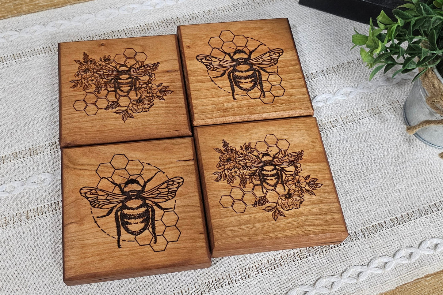 Hardwood Cherry Coasters with Bee & Honeycomb Laser Engravings