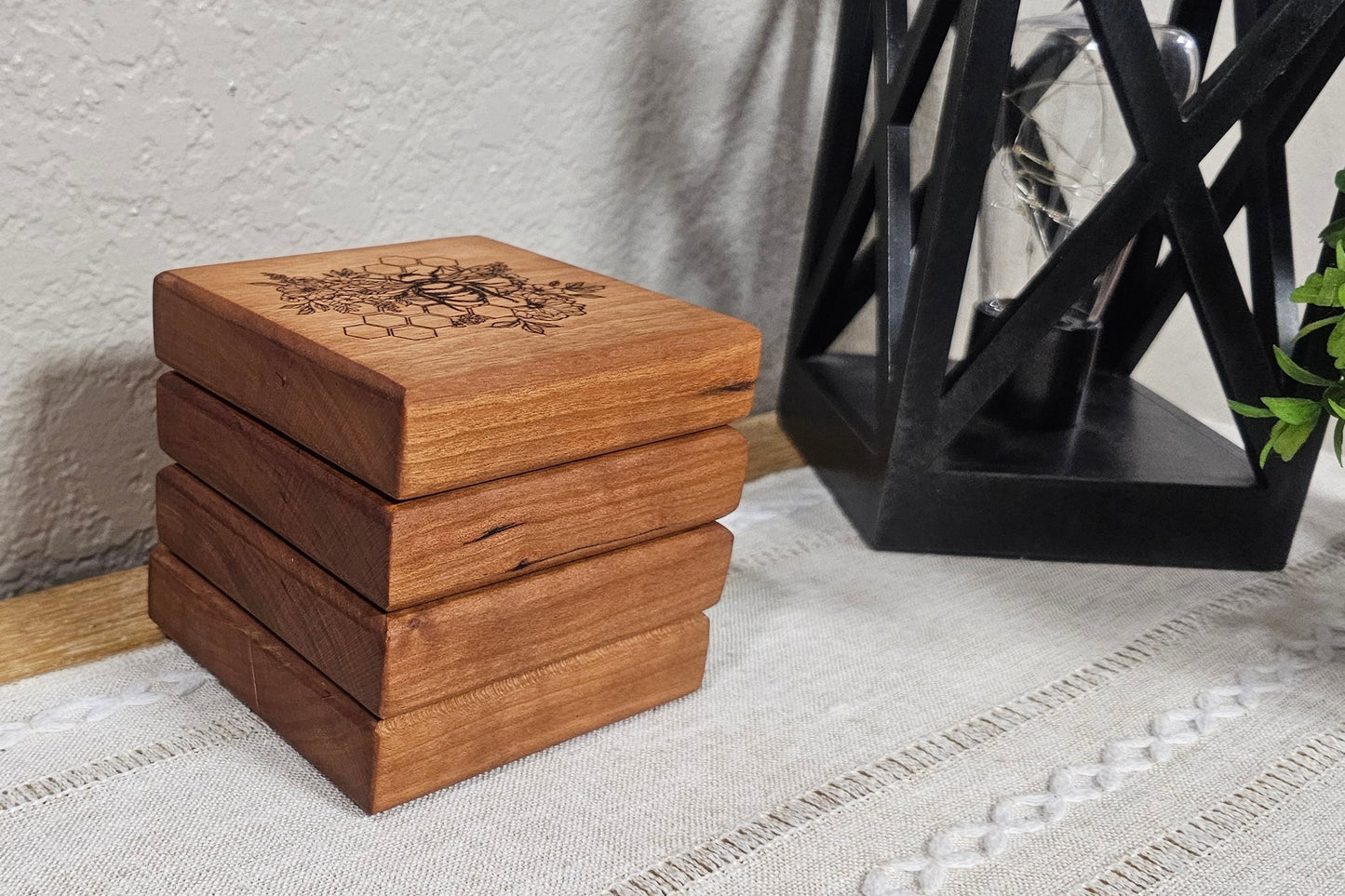 Hardwood Cherry Coasters with Bee & Honeycomb Laser Engravings