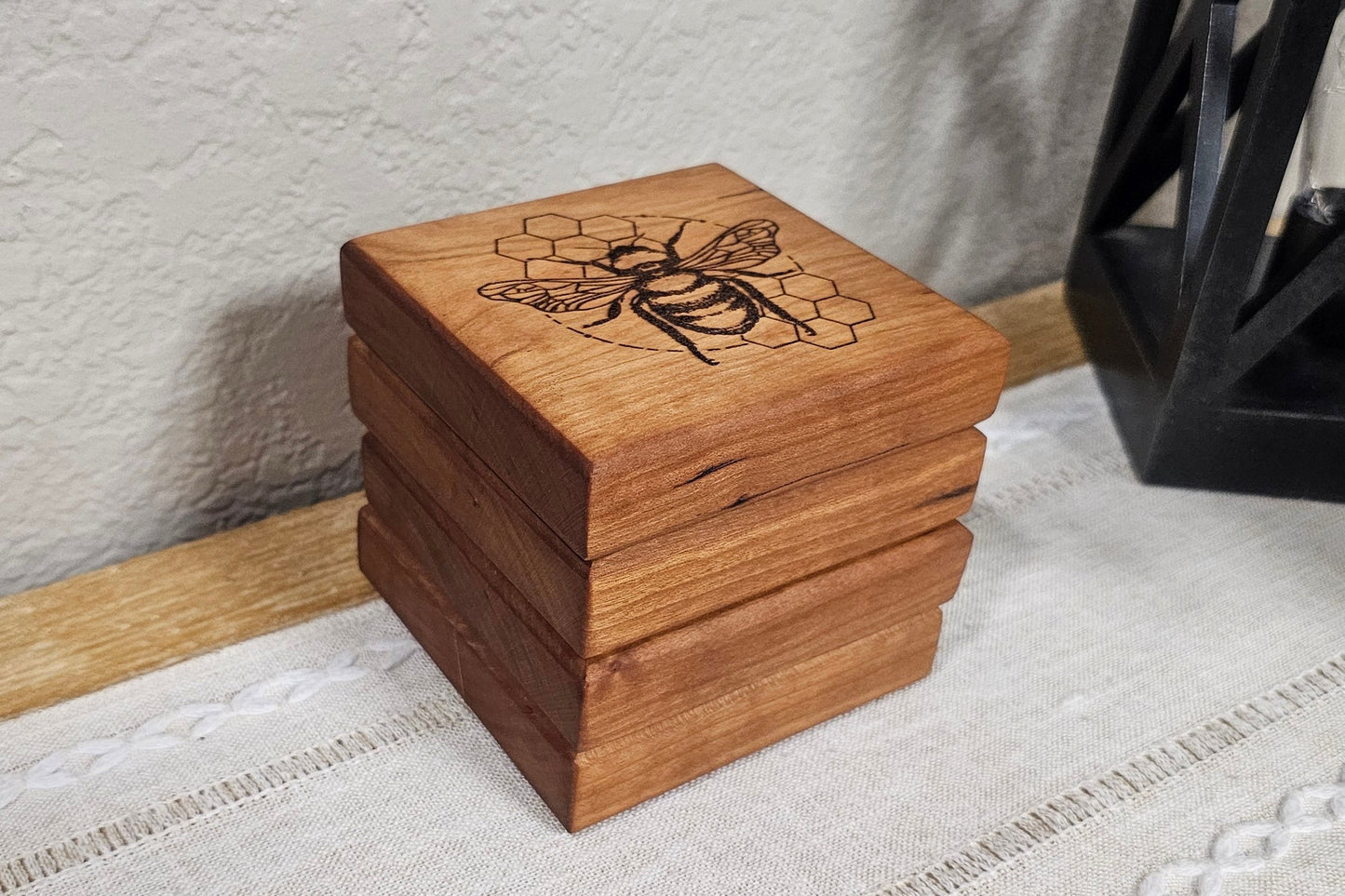 Hardwood Cherry Coasters with Bee & Honeycomb Laser Engravings