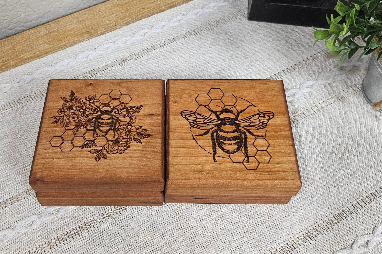 Hardwood Cherry Coasters with Bee & Honeycomb Laser Engravings