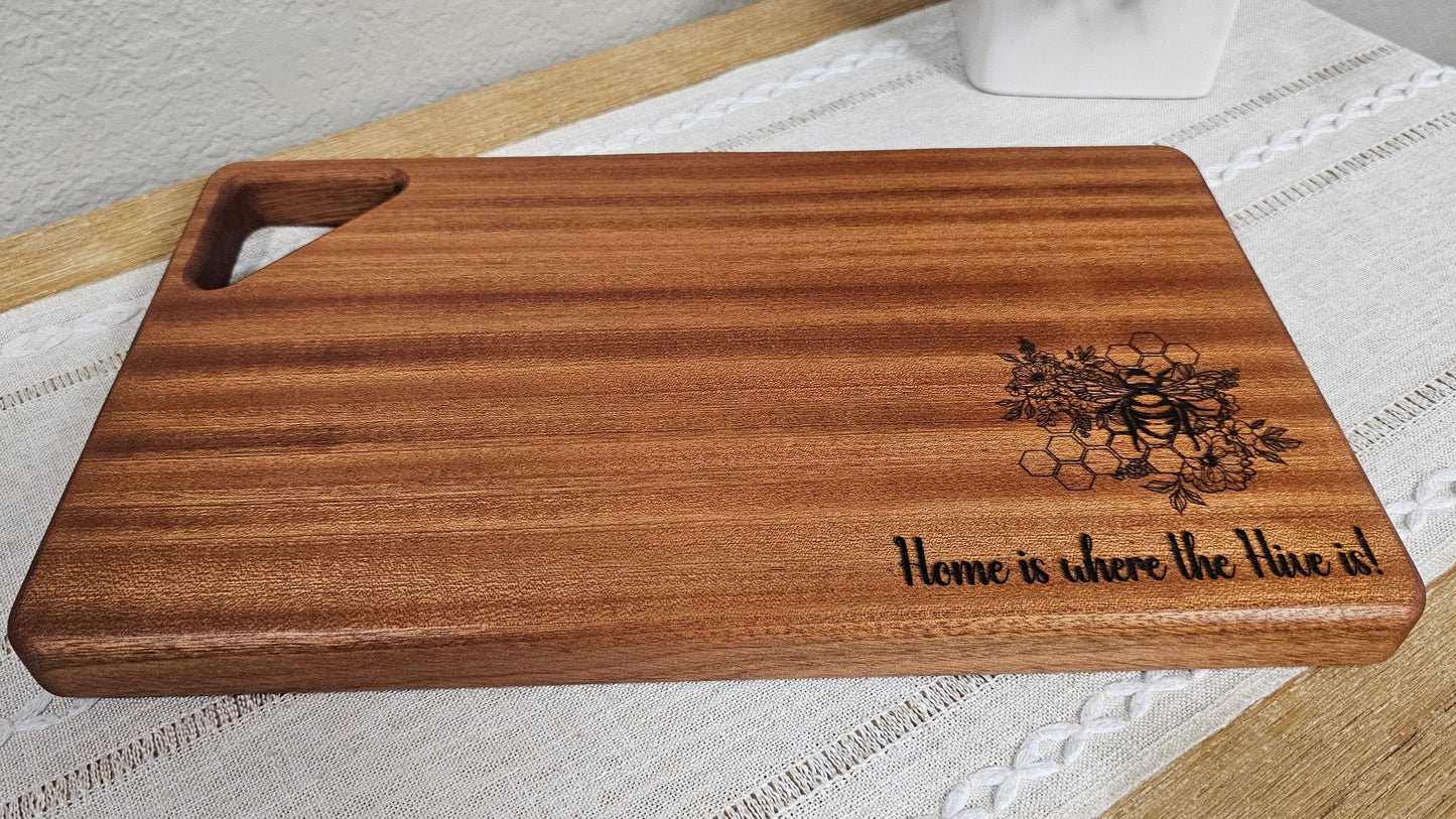 African Sapele Cheeseboard with Bee, Honeycomb, & Quote Laser Engraving