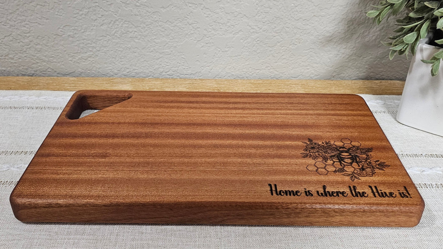 African Sapele Cheeseboard with Bee, Honeycomb, & Quote Laser Engraving