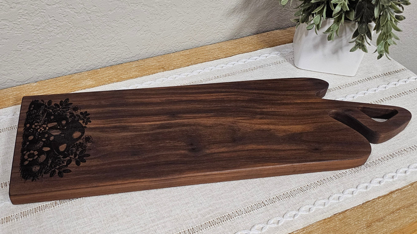 Walnut Charcuterie Board with Mushrooms & Flowers Laser Burn