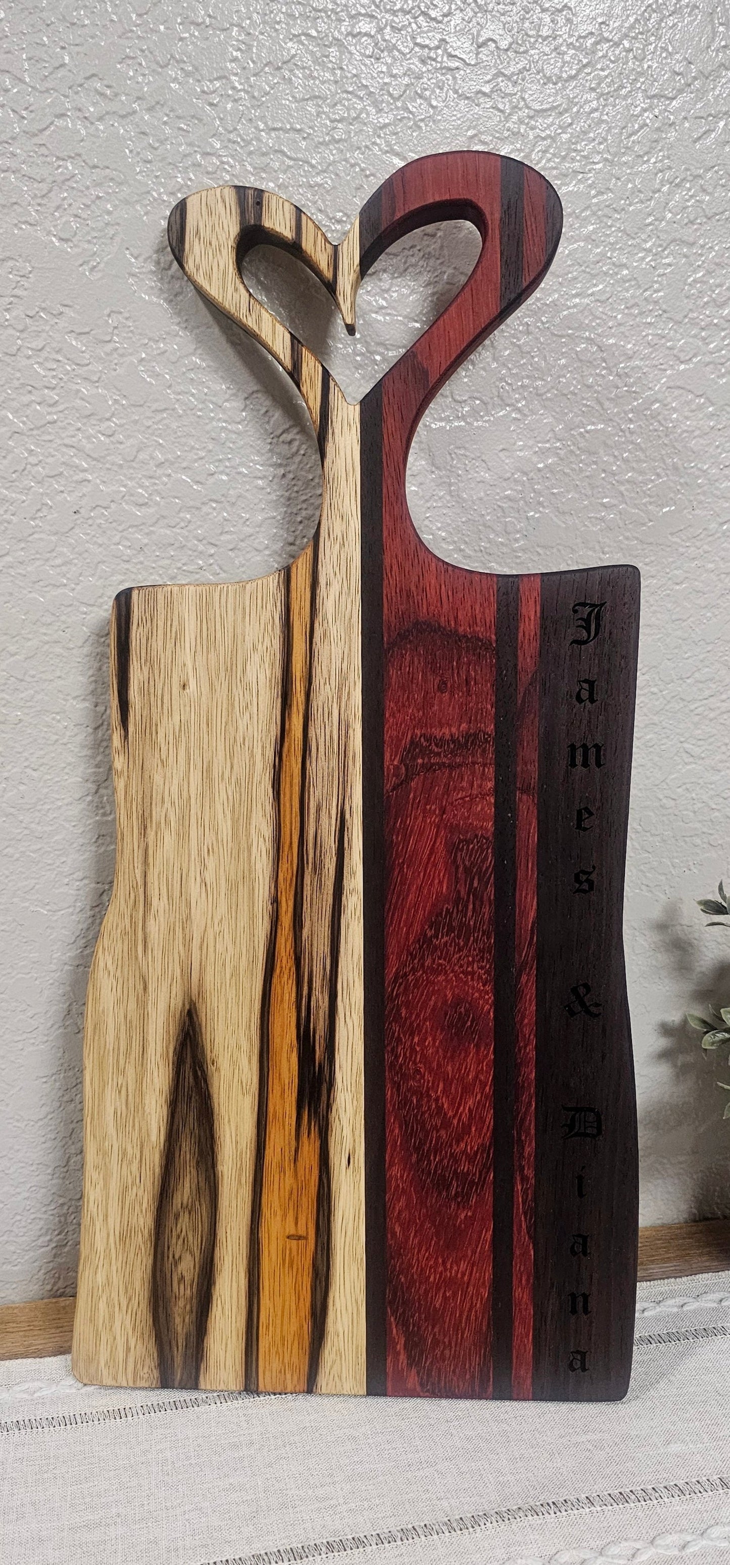 Heart Charcuterie Board with Black Limba, African Padauk, & Peruvian Walnut & Laser Engraving