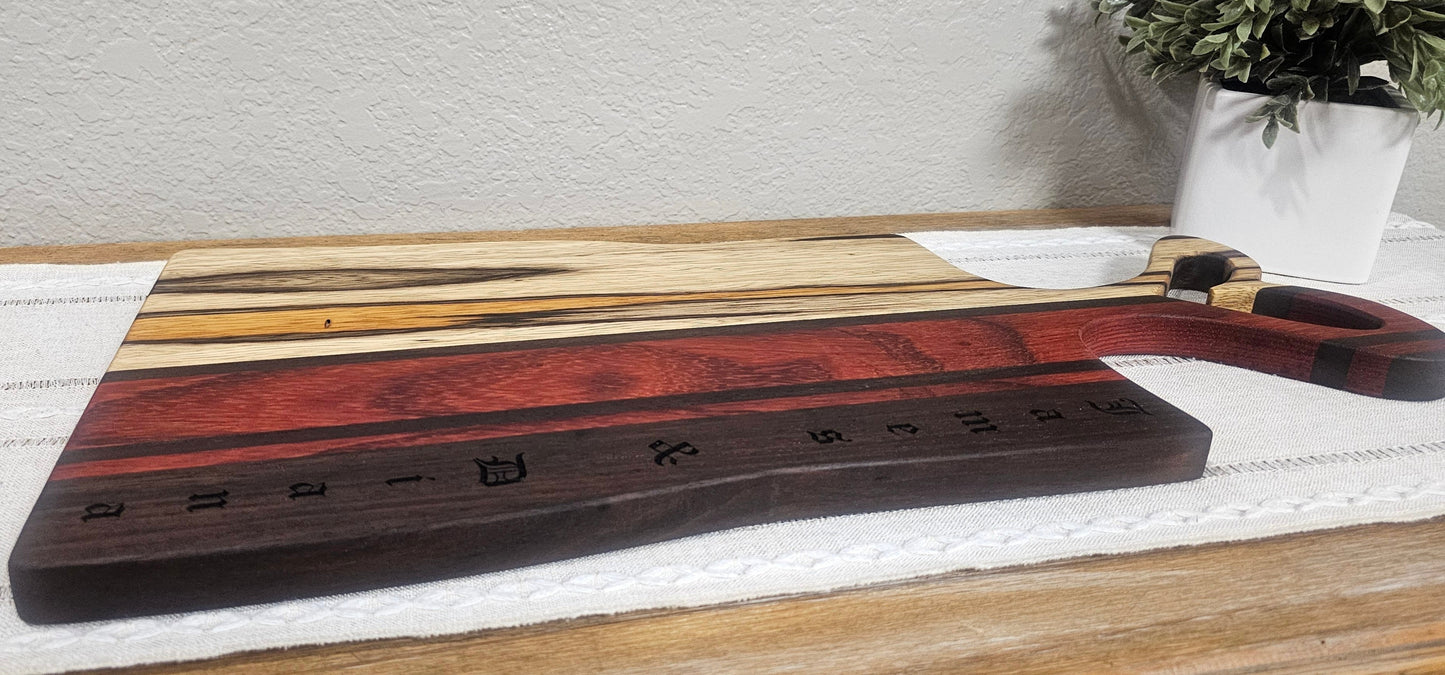 Heart Charcuterie Board with Black Limba, African Padauk, & Peruvian Walnut & Laser Engraving