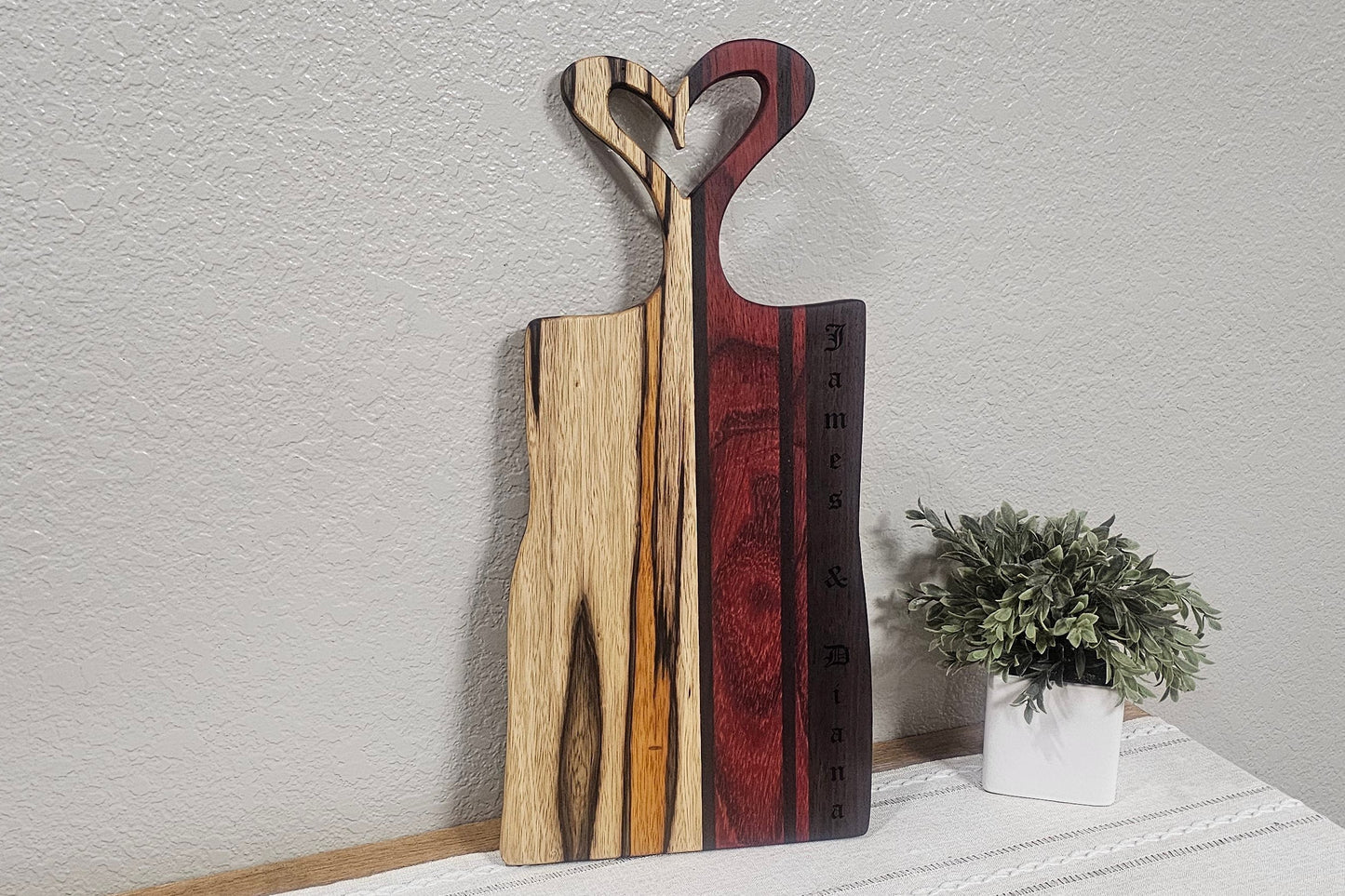 Heart Charcuterie Board with Black Limba, African Padauk, & Peruvian Walnut & Laser Engraving