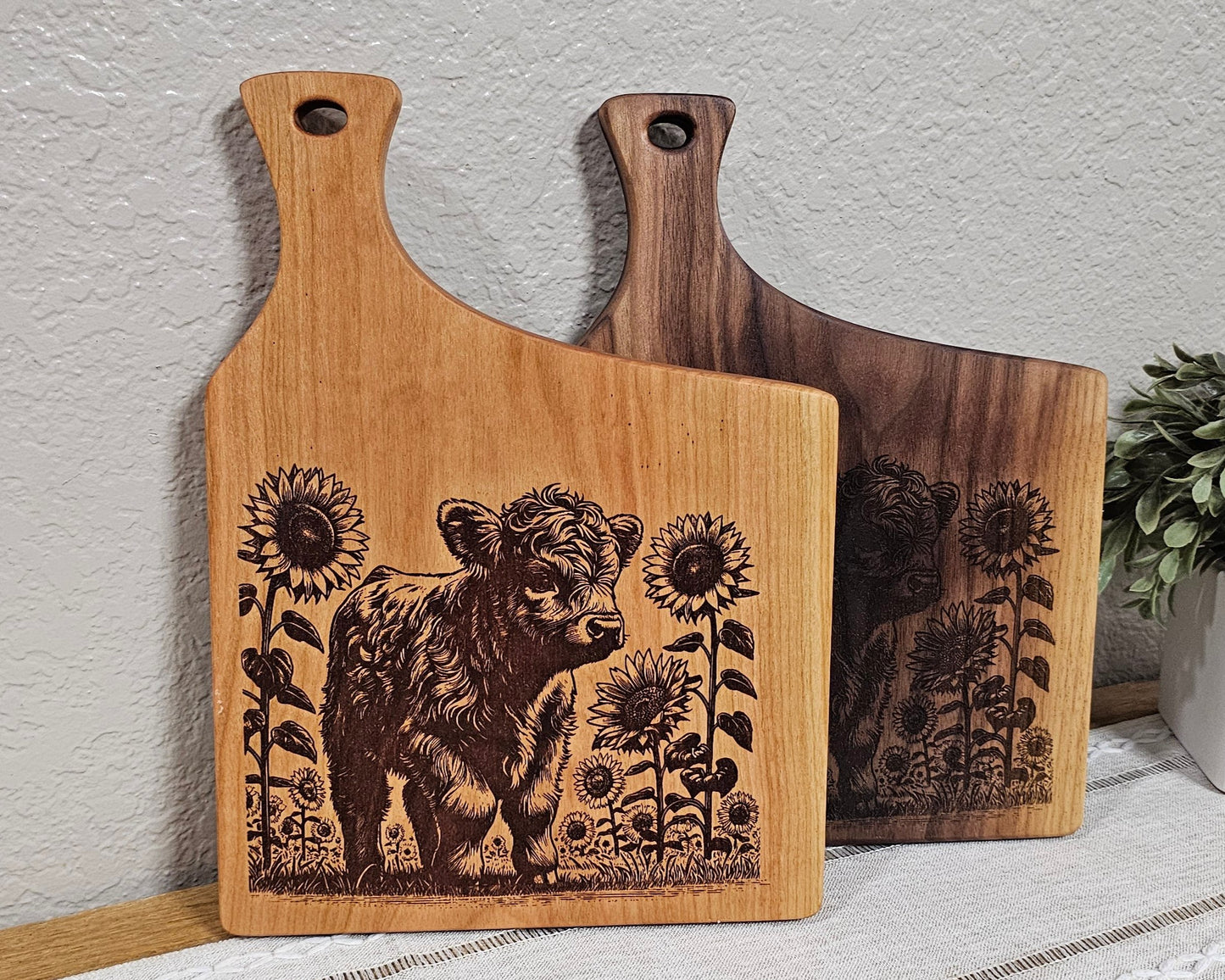 Charcuterie Board with Baby Highland Cow & Sunflowers Laser Engraving