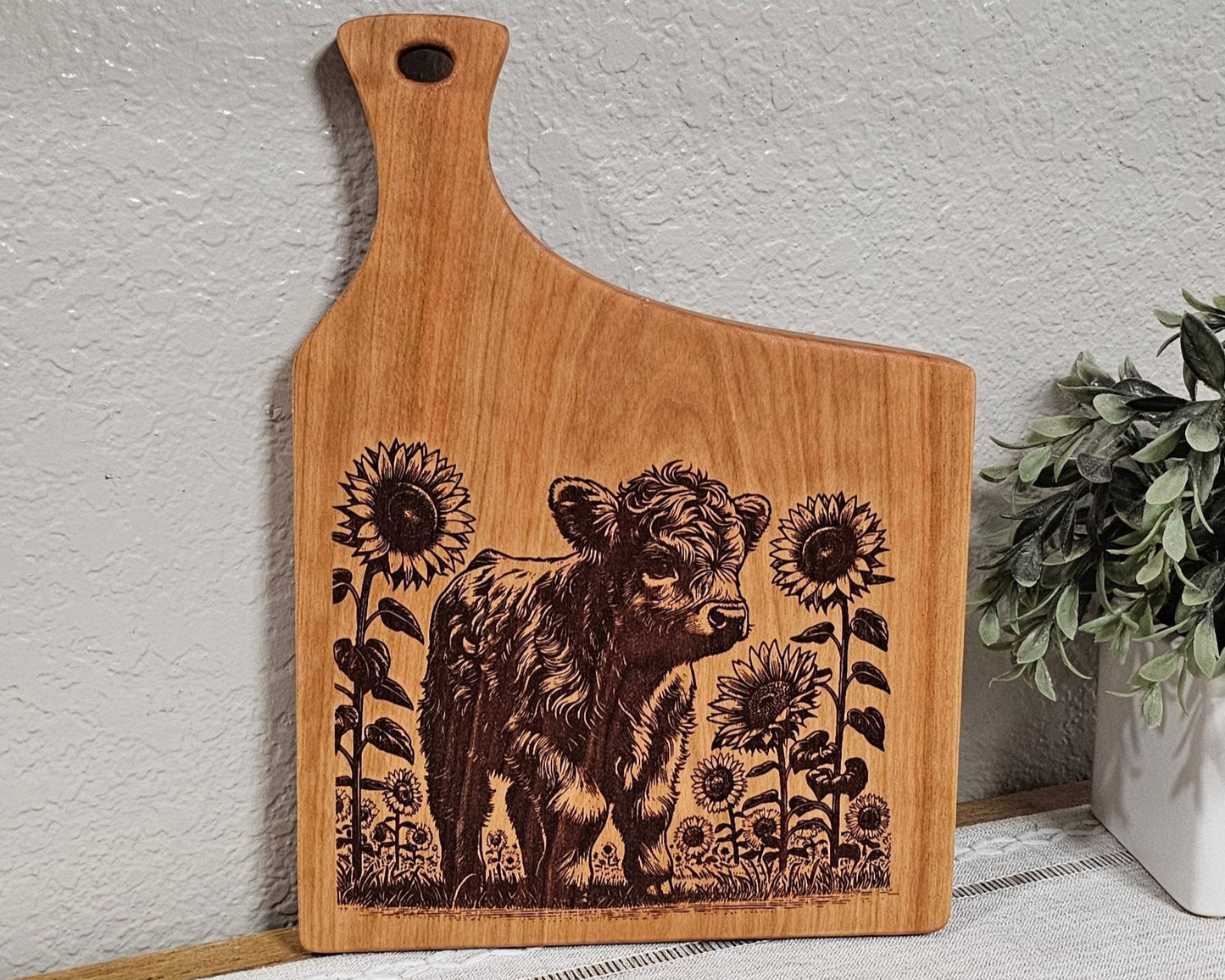 Charcuterie Board with Baby Highland Cow & Sunflowers Laser Engraving