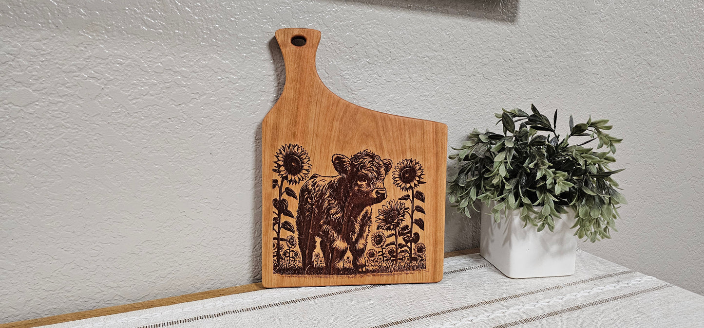 Charcuterie Board with Baby Highland Cow & Sunflowers Laser Engraving