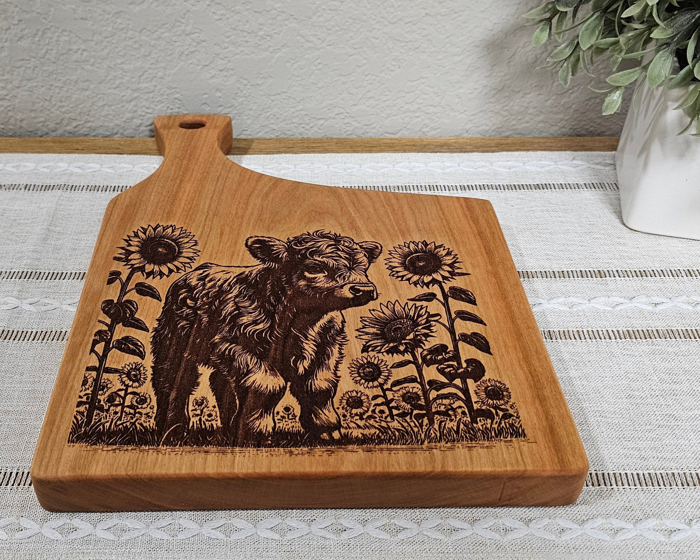 Charcuterie Board with Baby Highland Cow & Sunflowers Laser Engraving