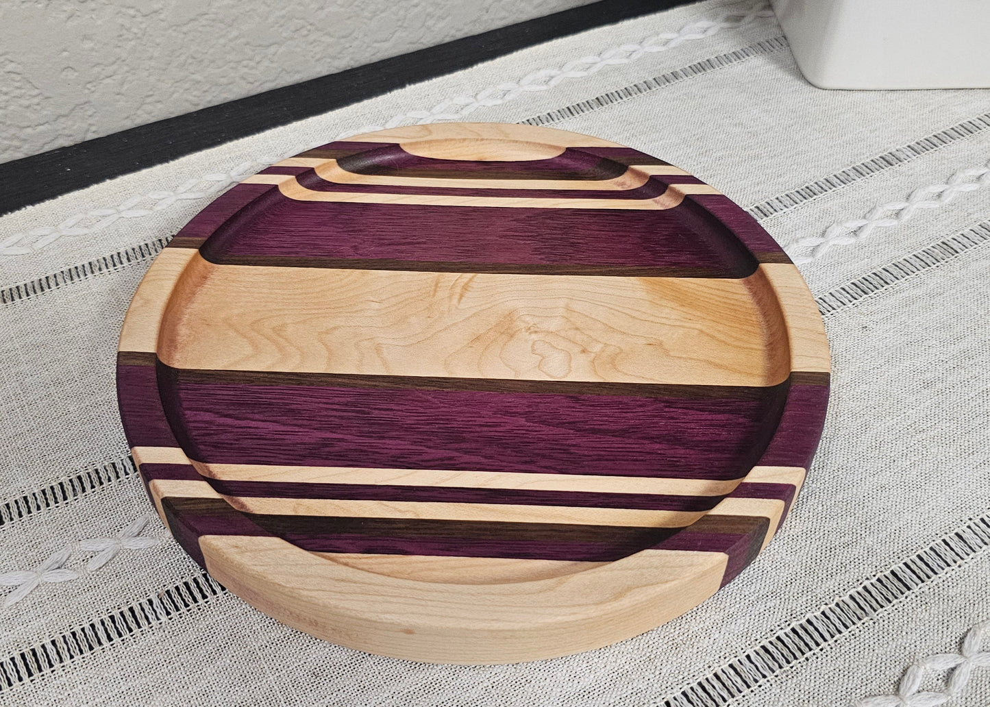 9" Diameter Patterned Catch All Tray | Decorative Tray with Maple, Walnut, & Purpleheart Woods