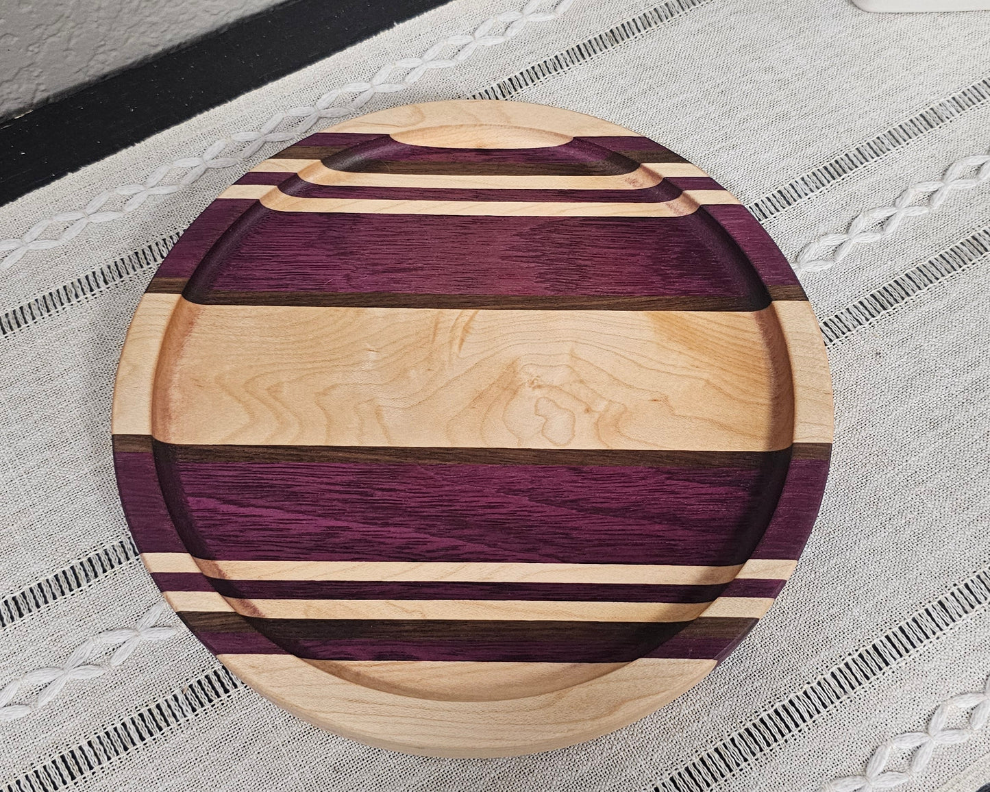 9" Diameter Patterned Catch All Tray | Decorative Tray with Maple, Walnut, & Purpleheart Woods