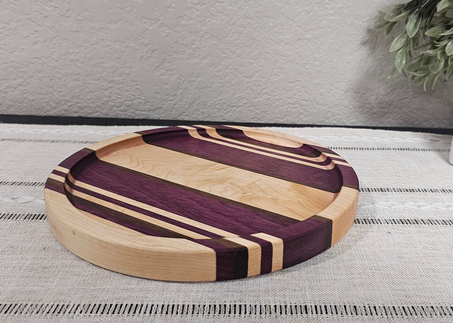 9" Diameter Patterned Catch All Tray | Decorative Tray with Maple, Walnut, & Purpleheart Woods
