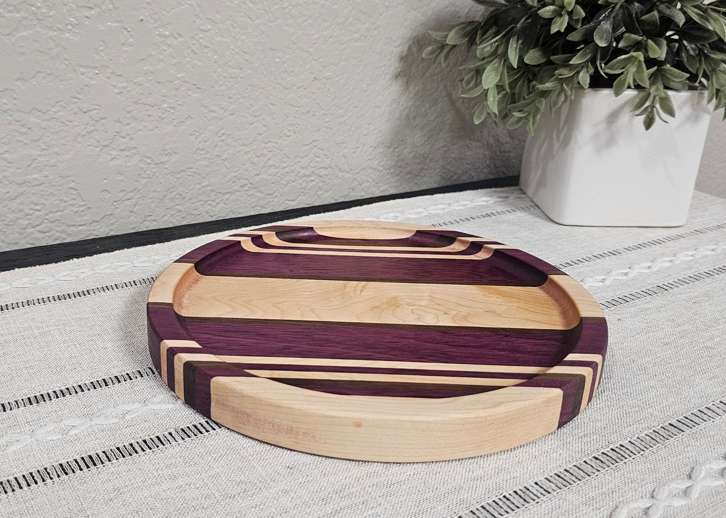 9" Diameter Patterned Catch All Tray | Decorative Tray with Maple, Walnut, & Purpleheart Woods