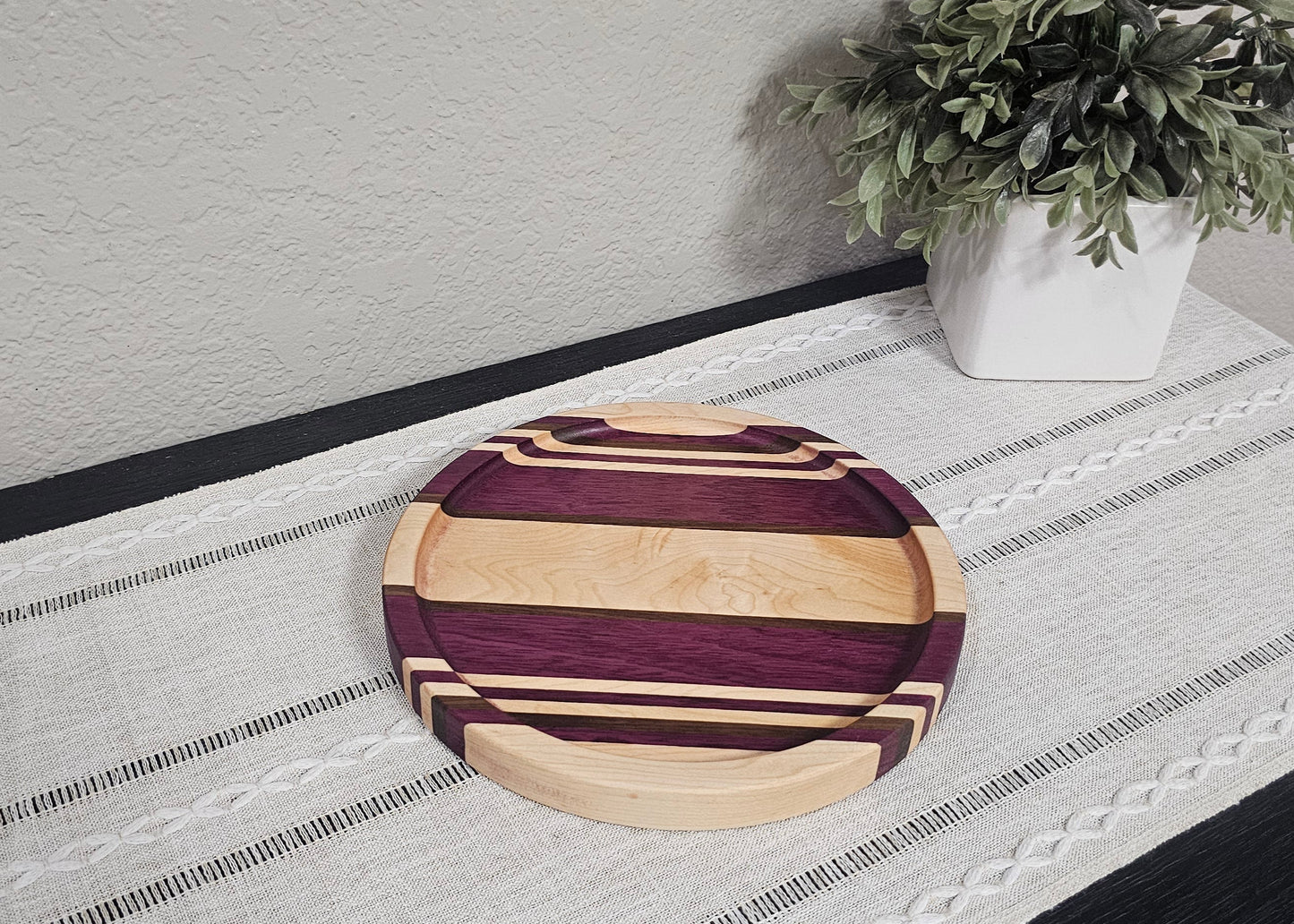 9" Diameter Patterned Catch All Tray | Decorative Tray with Maple, Walnut, & Purpleheart Woods