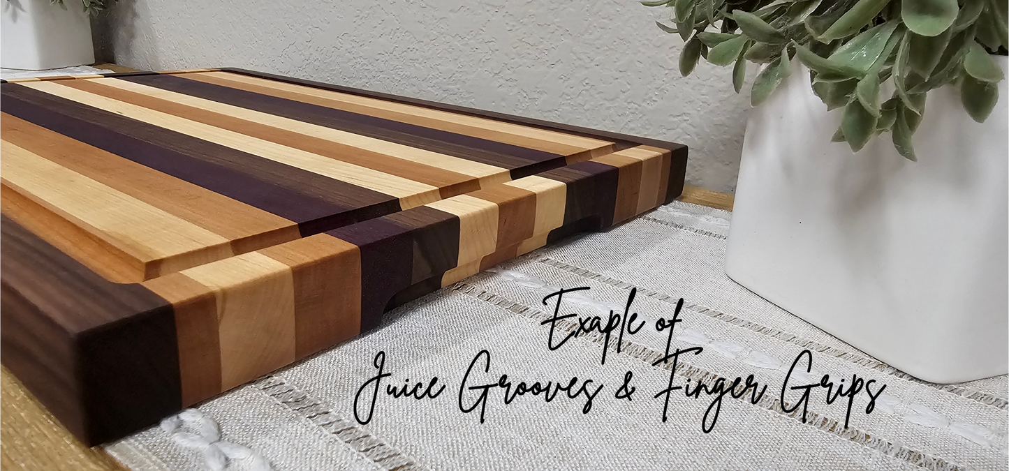 Large Patterned Board |Walnut, Maple, Cherry, & Purpleheart | Juice Grooves & Finger Grips Add-On Options