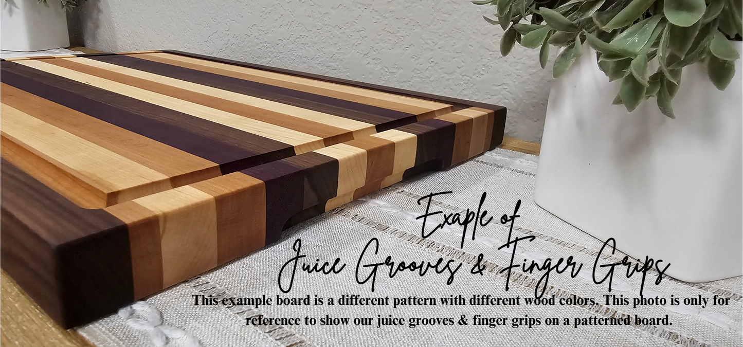 Large Patterned Board | Maple, Cherry, African Sapele, Peruvian Walnut, & African Padauk | Juice Grooves & Finger Grips Add-On Options