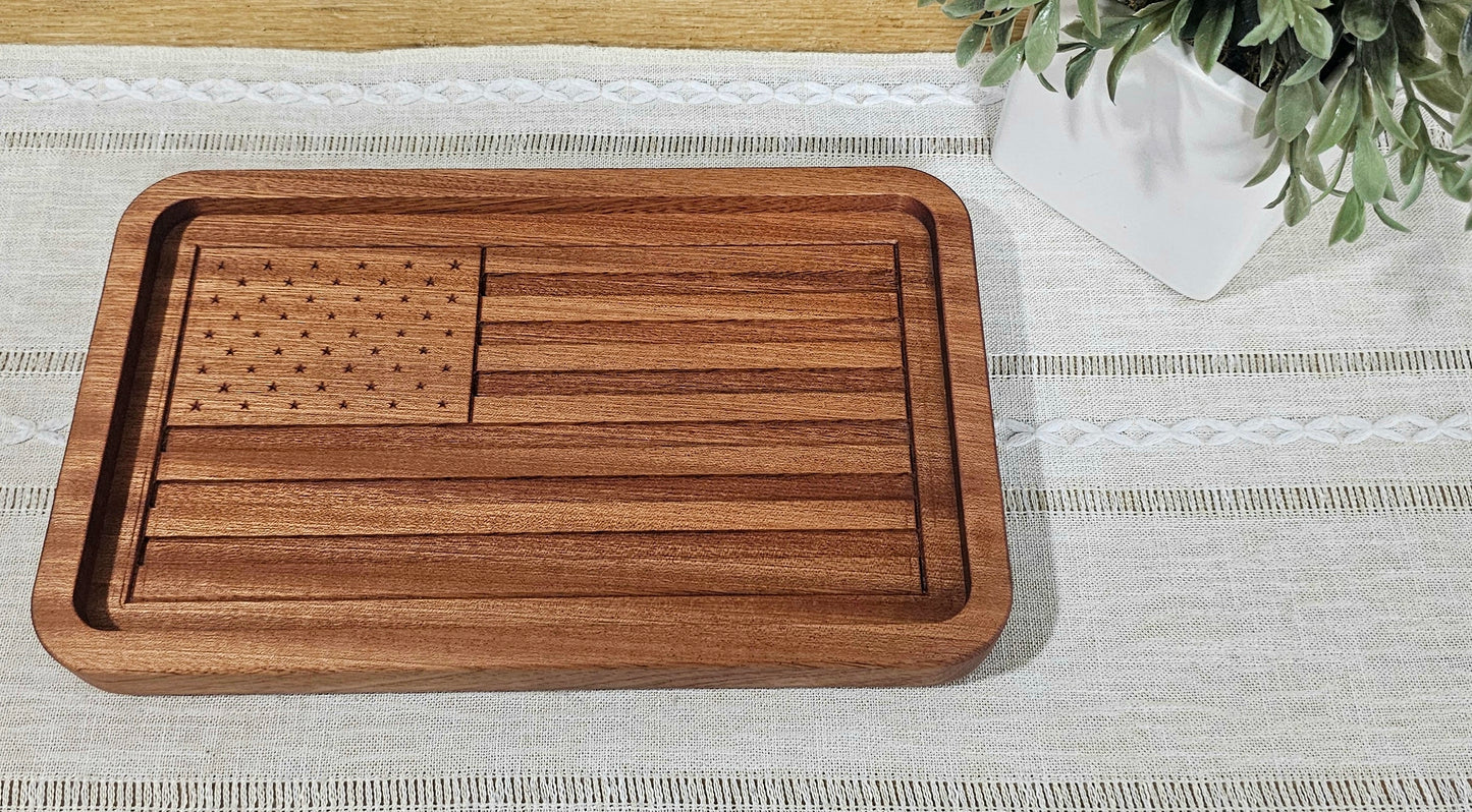 Engraved American Flag made with African Sapele Wood Catch All Tray | Desk Organizer