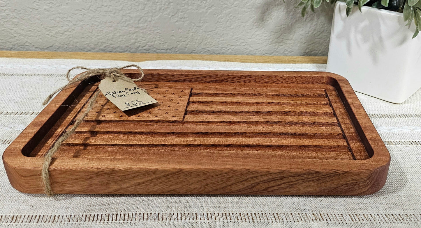 Engraved American Flag made with African Sapele Wood Catch All Tray | Desk Organizer