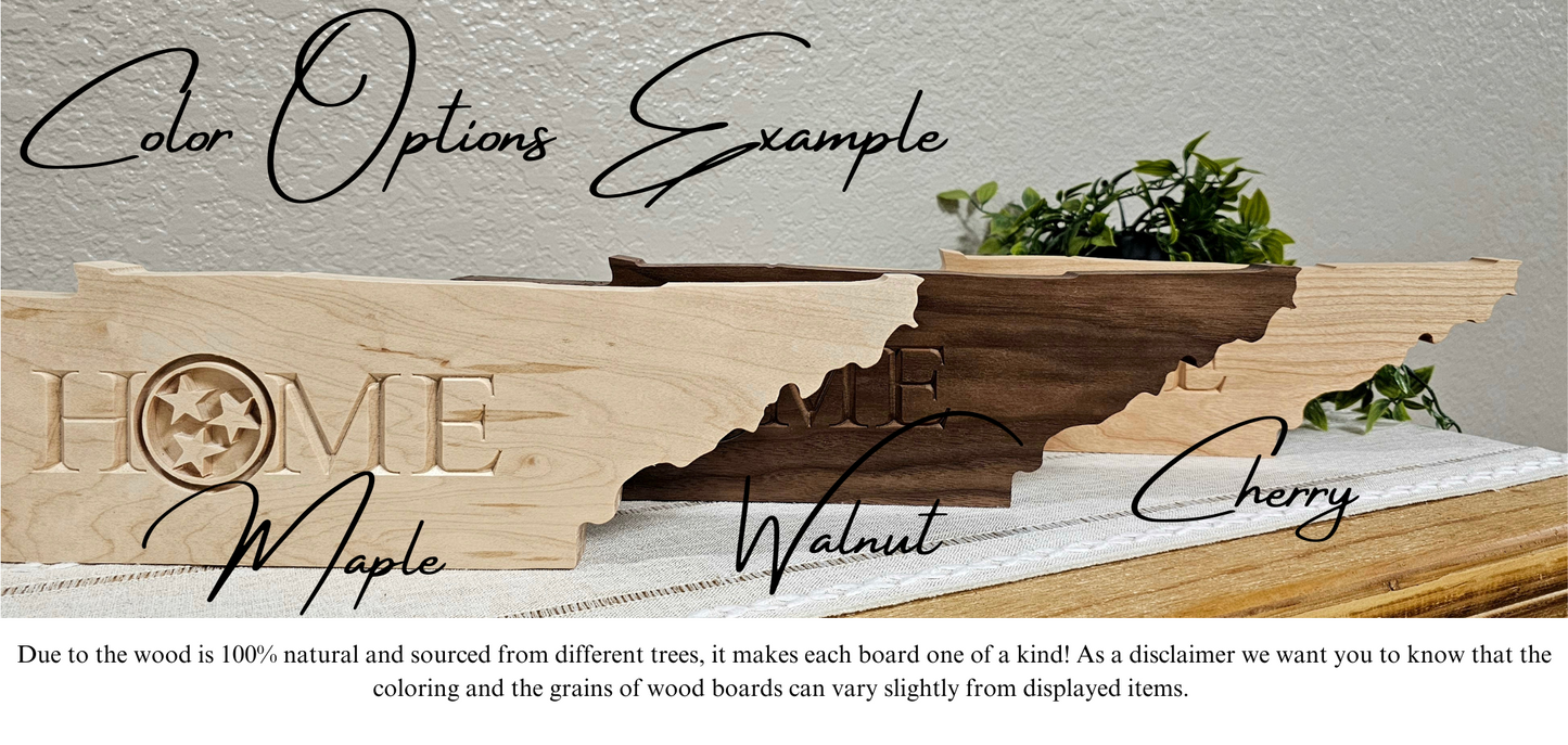 TN State Shape with Home & TN Tri-Star Engraved Sign | Maple, Cherry, or Walnut Wood | 2 Size Options